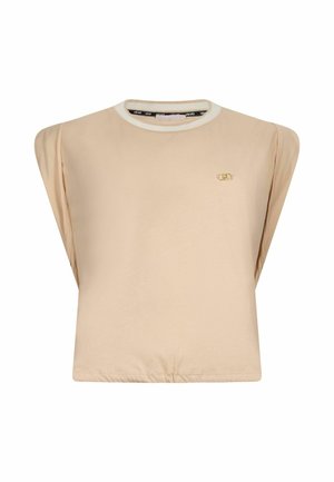 Top beige a maniche corte con scollatura rotonda. Caratterizzato da un orlo elastico e un sottile dettaglio del logo in oro. Tessuto morbido e liscio.