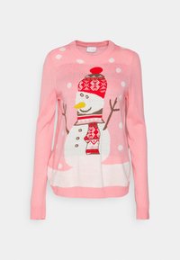 Rosa gestrickter Pullover mit einem Schneemanndesign, ausgestattet mit einem rot-weiß gemusterten Hut und Schal, vor einem Hintergrund aus weißen Punkten.