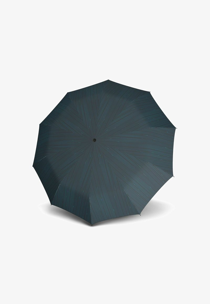 Paraguas oscuro con un patrón radial y finas líneas azules en la superficie, fabricado con material resistente al agua, con un eje central negro.