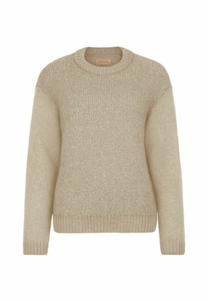 Beige stickad tröja med rund halsringning, långa ärmar och textilmaterial. Ribbad mudd och nederkant, med en avslappnad passform.