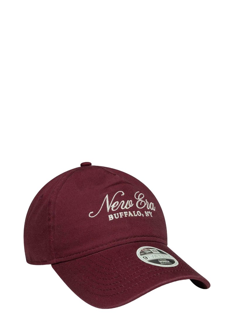 Maroon baseball cap with embroidered "New Era" logo and "Buffalo, NY." Features a curved brim and adjustable strap at the back. Cotton material.