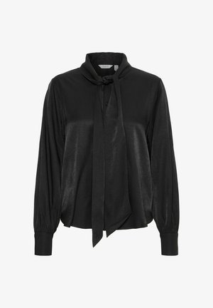 Schwarze Bluse mit langen Ärmeln, weichem satinähnlichem Textur, Kragen mit Bindebanddetails, Knopfleiste und elastischen Manschetten.
