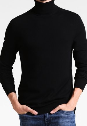 Maglione a collo alto nero realizzato in morbido tessuto lavorato a maglia, con maniche lunghe, silhouette aderente e polsini e orlo a costine.