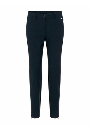 Czarne spodnie o kroju slim-fit z szlufkami na pasek, zapięciem na guzik i zamek błyskawiczny oraz subtelnym logo na przednim, prawym pasie.