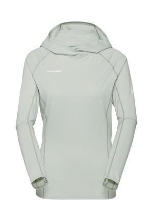 Light green, long-sleeve hoodie made of soft fabric, featuring a relaxed hood, flat seams, and a minimalistic logo on the chest.