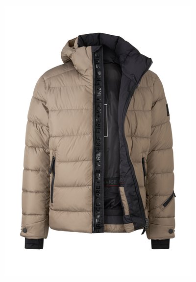 Beige puffer jacket with a hood, featuring black inner lining, horizontal stitching, zip pockets, and branded zipper detail.
