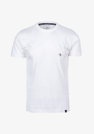 White cotton t-shirt with a crew neck and short sleeves. Features a small black logo on the left chest. Simple and classic design.