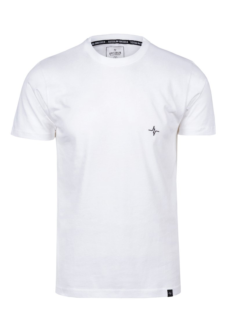 Weißes Baumwoll-T-Shirt mit Rundhalsausschnitt und kurzen Ärmeln. Verfügt über ein kleines schwarzes Logo auf der linken Brust. Einfaches und klassisches Design.