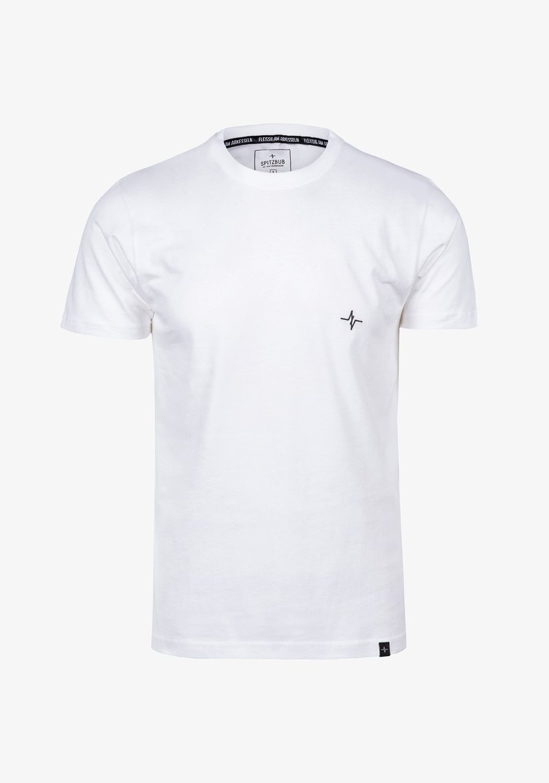 T-shirt di cotone bianco con collo rotondo e maniche corte. Presenta un piccolo logo nero sul petto a sinistra. Design semplice e classico.