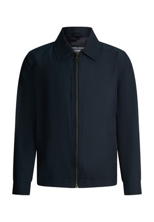 Dunkelmarineblauer Herren-Zip-up-Jacke mit spitzem Kragen, langen Ärmeln und seitlichen Taschen, auf weißem Hintergrund dargestellt.