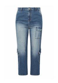 Vaaleansiniset farkku cargo-housut kuluneella pinnalla, joissa on sivutasku, suorat lahkeet ja käärityt lahkeensuut nilkassa.