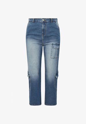 Pantaloni cargo in denim azzurro chiaro con finitura sbiadita, dotati di tasca laterale, vestibilità dritta e orli arrotolati alla caviglia.