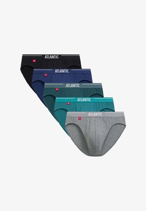 Pięć par męskich majtek w kolorach czarnym, granatowym, turkusowym i szarym. Wykonane z miękkiego materiału, mają elastyczny pas z logo "ATLANTIC".