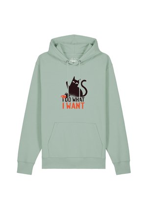 Hellgrüner Hoodie mit schwarzer Katzen-Grafik und Text ""I do what I want"" in Schwarz und Orange vorne in der Mitte.