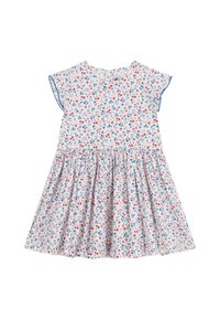 Bloemendress met korte fladdermouwen, uitgevoerd in een witte stof versierd met rode en blauwe bloemen, en een geplooide rok.