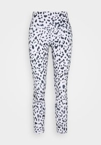 Leggings in a black and white leopard print pattern, featuring a smooth, stretchy fabric and a high waist design.