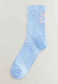 Sosete cu dungă de culoare albastru deschis, cu o textură moale, având un mic logo roz pe lateral. Design până la gleznă.
