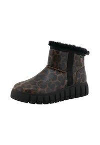 Nubuck print enkellaarsjes van nepbont met een zwarte voering, voorzien van een getextureerd oppervlak en een chunky zwarte rubberen zool.