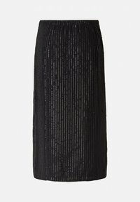 Zwarte midi rok met verticale textuurstrepen, elastische tailleband en een rechte snit. Gemaakt van lichtgewicht stof.