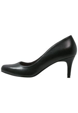 Chaussure à talons hauts en cuir noir avec un embout arrondi, au design épuré et une hauteur de talon modérée, présentant une texture lisse et sans ornements visibles.