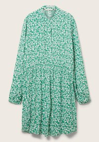 Grünes Blumenkleid mit rundem Ausschnitt, langen Ärmeln, Knopfleiste und gerafftem Bund. Hergestellt aus leichtem Stoff mit einer glatten Textur.