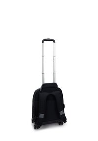 Schwarzer Rollrucksack mit verstellbarem silbernem Griff, gepolsterten Trägern und reflektierenden Akzenten. Hergestellt aus strapazierfähigem Stoff mit strukturierter Oberfläche.