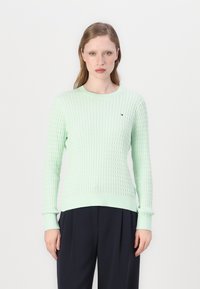 Pull en tricot vert clair avec un motif texturé, des poignets et un ourlet côtelés. Small logo près de la poitrine. Associé à un pantalon marine.