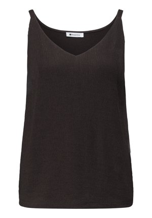 Haut sans manches noir texturé avec encolure en V et fines bretelles, étiquette de marque "Street One" à l'intérieur du col.