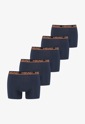 Fünf Paare navyblaue Herren-Boxershorts mit einem schwarzen Bund, der das orangefarbene "HEAD"-Logo trägt. Das Material ist glatt und hat ein enganliegendes Design.