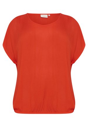 Rød løstsiddende top lavet af let materiale. Har en rund halsudskæring og korte, faldende ærmer. Blød tekstur med en afslappet silhuet.