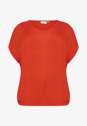 Punane lahti-sooled top kergest kangast. Omab ümmargust kaelust ja lühikesi, langevaid varrukaid. Pehme tekstuur ja lõdva siluett.