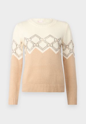 Maglione beige e crema con un motivo geometrico sulla spalla, dotato di un collo rotondo, polsini e orlo a coste. Morbida texture a maglia.
