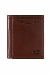 Bruine leren portemonnee met een gladde textuur, voorzien van een gestikte rand, klein reliëflogo en een kaartsleeve aan de voorkant.