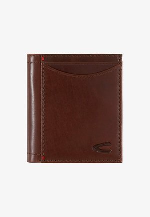 Brown leather wallet with a smooth texture, featuring a stitched edge, small embossed logo, and a card slot on the front.