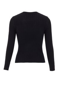Zwart geribbelde sweater met lange mouwen, een aansluitende pasvorm en ronde hals. De textuurgebreide stof biedt een subtiel patroon door het hele materiaal.