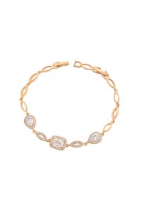 Bracciale in tono oro caratterizzato da anelli ovali interconnessi, adornato con gemme rettangolari e a forma di pera trasparenti, e una chiusura sicura.