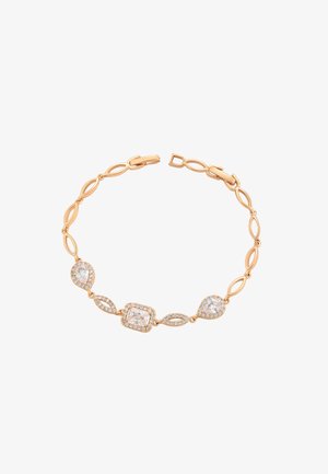 Aranyszínű karkötő, amely egymásba kapcsolódó ovális láncszemekből áll, tiszta, téglalap és körte alakú drágakövekkel díszítve, valamint biztonságos csattal.