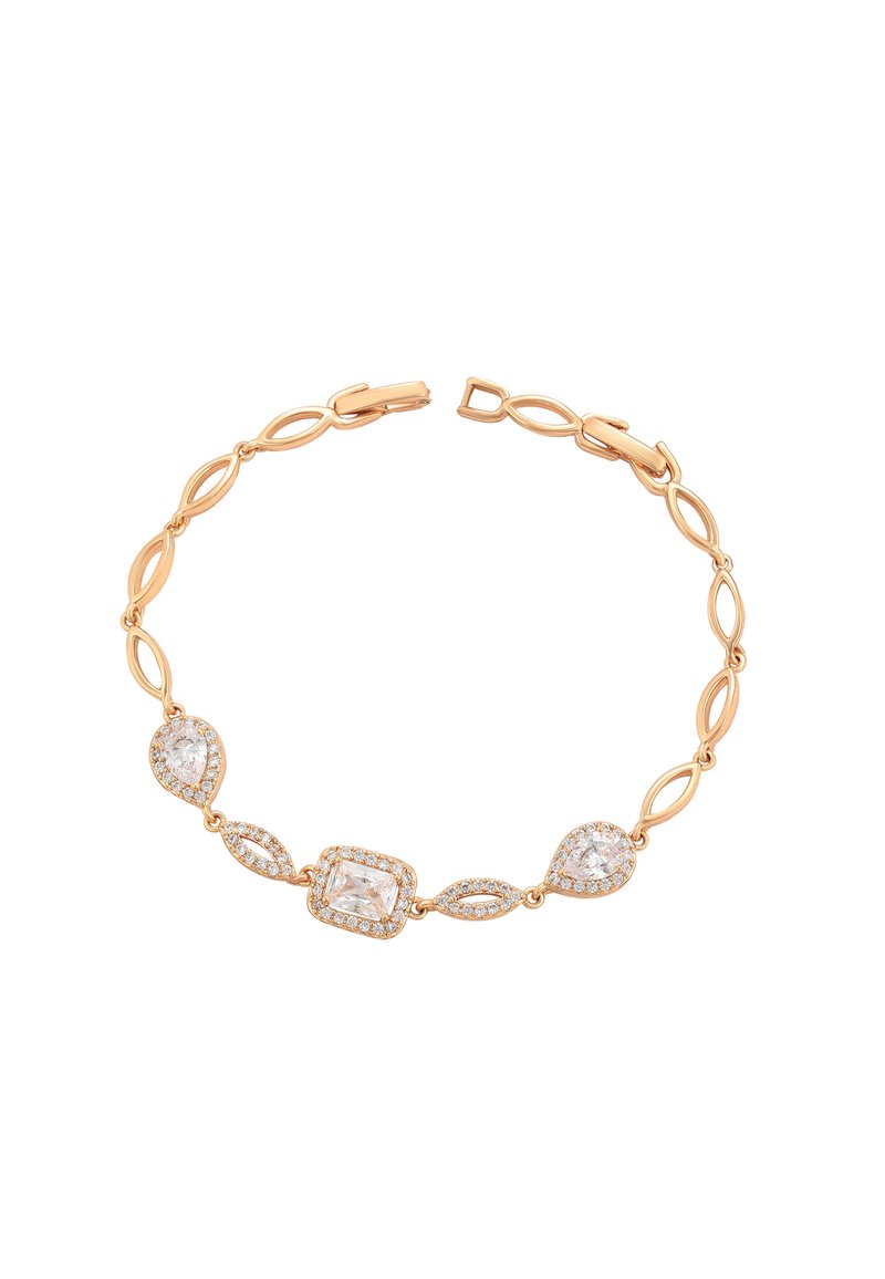 Bracciale in tono oro caratterizzato da anelli ovali interconnessi, adornato con gemme rettangolari e a forma di pera trasparenti, e una chiusura sicura.