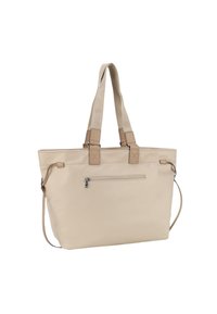 Borsa tote beige realizzata in materiale morbido, con doppi manici, una tracolla regolabile e una tasca esterna con zip.