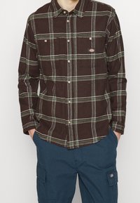 Chemise en flanelle à carreaux marron avec des lignes vertes et blanches, deux poches avant, col boutonné, portée sur des shorts cargo bleus.