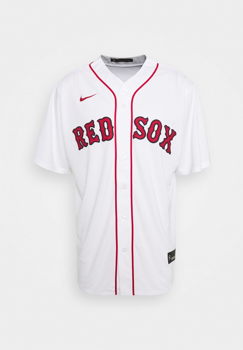 Biała koszulka baseballowa z czerwonymi akcentami, z haftowanym napisem "RED SOX" w czerwonym kolorze, zapinana na guziki, z krótkimi rękawami. Logo Nike na ramieniu.