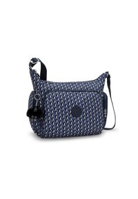 Borsa a spalla blu navy con motivo, dotata di tracolla regolabile, con scomparti zip evidenti e un dettaglio con logo rotondo. Inclusa una decorazione per portachiavi.