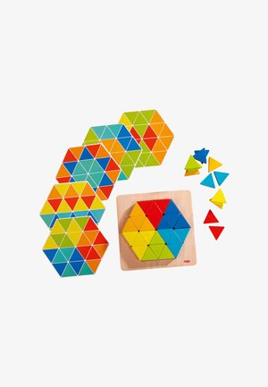 Hexagonal wooden puzzle with colorful triangular pieces arranged in patterns, some loose pieces next to the board on a white background.