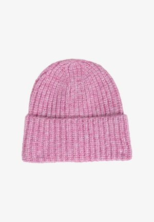Bonnet en tricot de couleur rose vif, avec une texture côtelée, un revers repliable, et un mélange de laine doux pour chaleur et confort.
