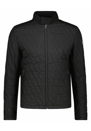 Zwarte doorgestikte jas met ritssluiting aan de voorkant, opstaande kraag, ritssluitingszakken aan de zijkant en een logopatch op de linker mouw.