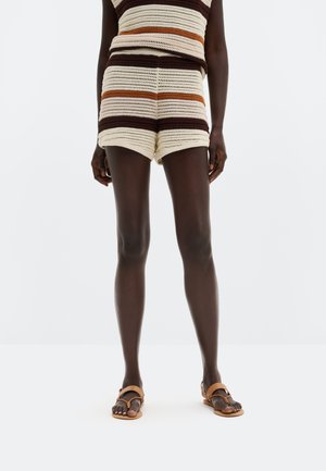 Osoba w prążkowanych dzianinowych szortach i dopasowanym topie z brązowymi, beżowymi i rdzawego koloru paskami, w beżowych skórzanych sandałach, stojąca na białym tle.