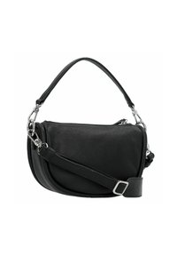 Zwarte leren schoudertas, gebogen vorm, beschikt over een handvat aan de bovenkant en een verstelbare schouderband, zilverkleurige hardware, gestructureerd oppervlak en ritssluiting.