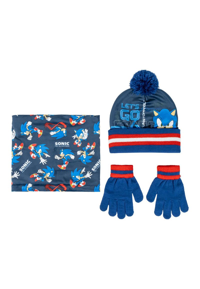 Ensemble d'accessoires d'hiver sur le thème de Sonic : bonnet bleu avec pompon, gants rayés et écharpe ornée d'impressions répétées du personnage Sonic.