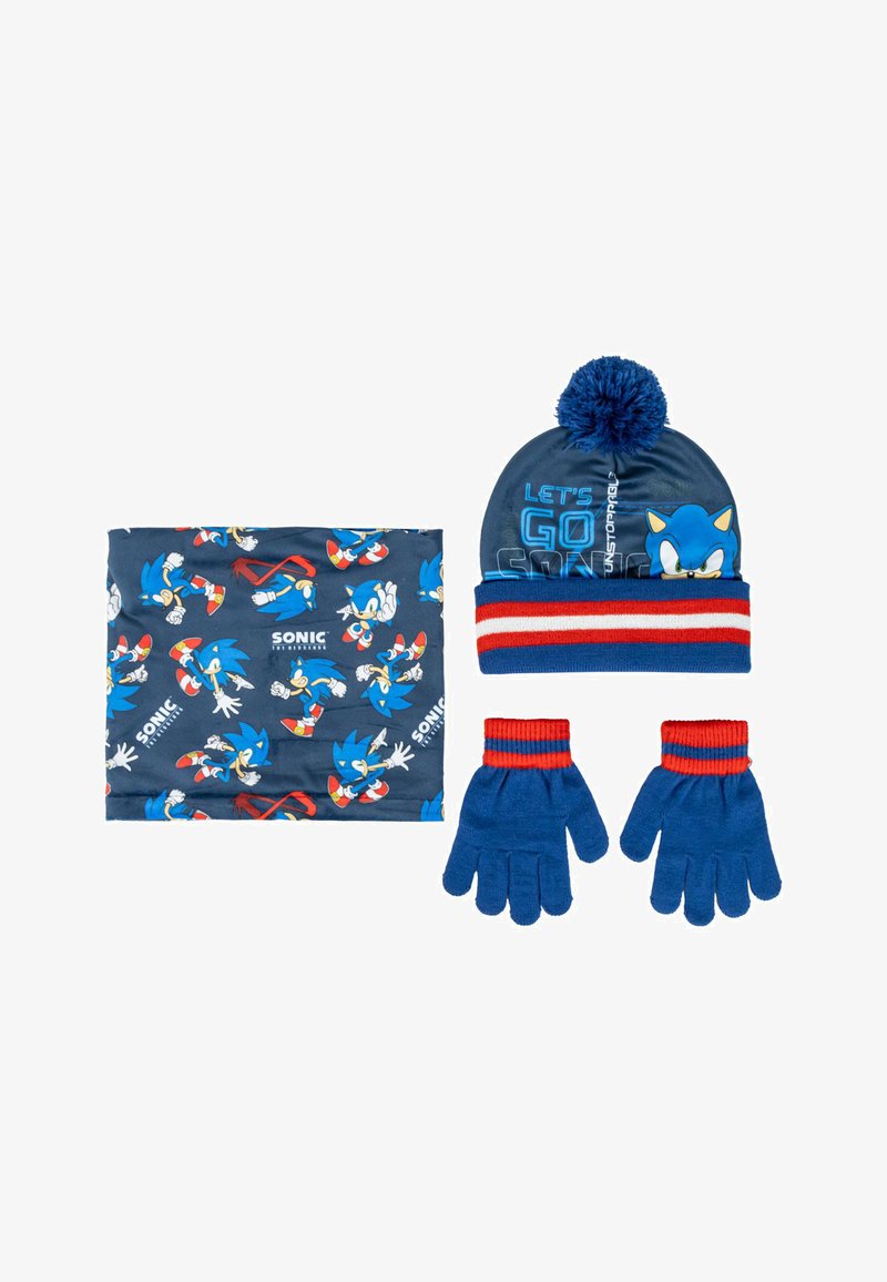 Sonic-inspiriertes Winterzubehörset: blaue Mütze mit Bommel, gestreifte Handschuhe und ein Schal mit wiederholten Sonic-Charakterdrucks.