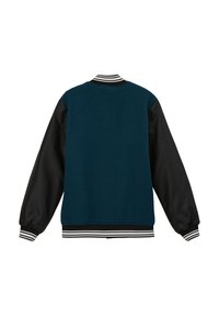 Teal jack met zwarte leren mouwen, geribbeld kraag en gestreepte zoom. Zacht textielmateriaal, casual ontwerp en lange mouwen.